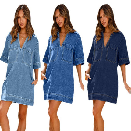 2023 independent station Amazon cross-border new European and American style lapel short sleeve loose denim dress 3223