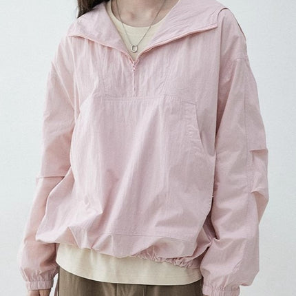 Sweet Style Half Open Collar Hooded Drawstring Coat Women's Spring New Pullover Solid Color Top