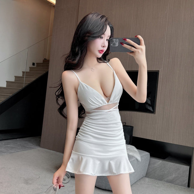 Night show work clothes nightclub foot bath sexy work clothes women's mesh stitching low-cut V-neck sling dress