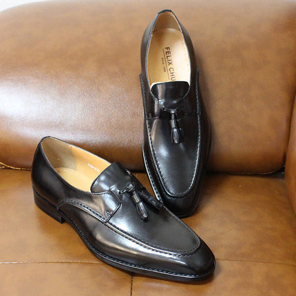 Brand Same Style Small Square Head Tassel Loafers Men's Genuine Leather Shoes Business Dress Men's Shoes Wedding Banquet Shoes