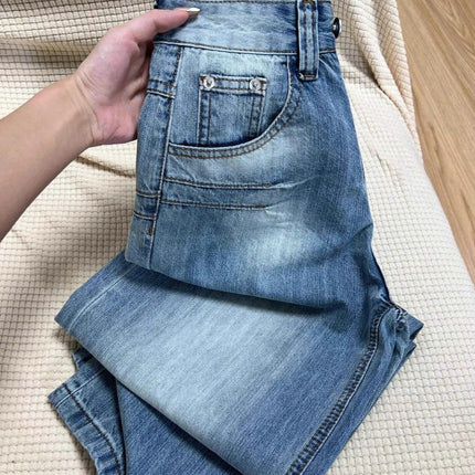 American-Style Autumn New High Street Loose Straight-Leg Jeans for Women with a Designer Feel, Washed Blue High-Waisted Slimming Wide-Leg Pants