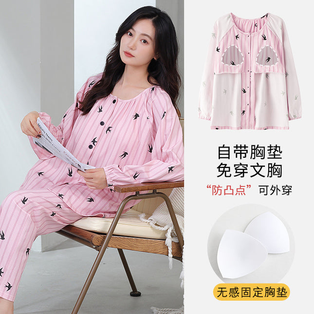 Spring and Autumn Women's Powder Striped Elegant Cardigan Pajamas Mother's Soft Modal Long Sleeve Trousers with Chest Pad Home Clothes