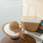 [khaki] ribbon woven bag / Hat + bag set