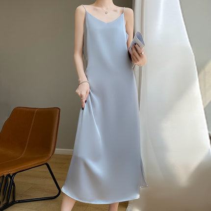 Simulated Silk Satin Suspender Dress for Women in Spring and Summer with Suit Acetate French Mid-length Design Niche Trend