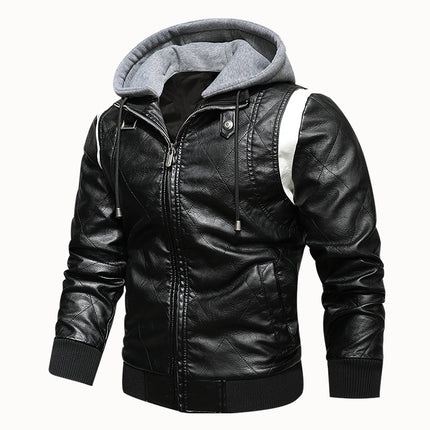 European and American Men's Leather Jacket New Style Stand Collar Removable Hooded Motorcycle Leather Jacket Fashionable Black and White Color Matching Large Size Men's Clothing