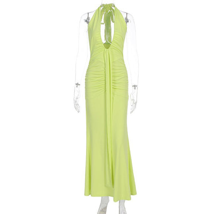 Celebrity Style Cross-Border New Long Dress Solid Color Halterneck Hollow Ribbon Lace-Up Light Luxury High-End Sexy Dress