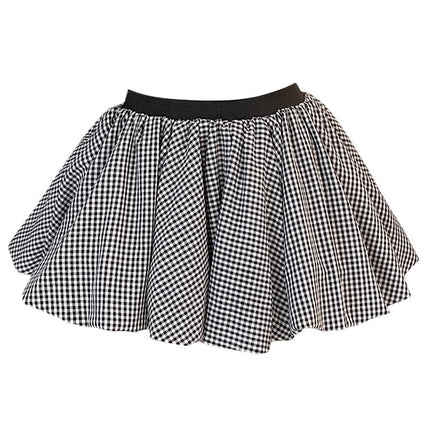 French-Style Color-Blocking Floral Bud Skirt for Women, Summer Petite Gray Plaid Short Skirt, Anti-Exposure A-Line Puffy Skirt