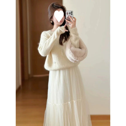 Early autumn salt series light mature high-end wear with a set of wool sweater mesh skirt two-piece suit for women