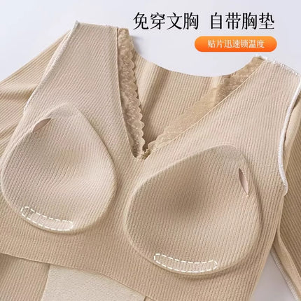 Autumn and Winter Light Cloud-Like Warm Top with Chest Pad V Neck Long-Sleeved Slimming Body Sexy Seamless Comfortable Base Layer