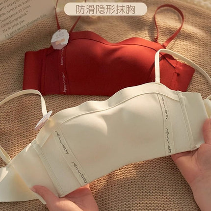 Seamless Intimates Women's Thin Push-Up Strapless Tube Top Bra Without Rims to Control Secondary Breasts and Prevent Sagging Bra Set