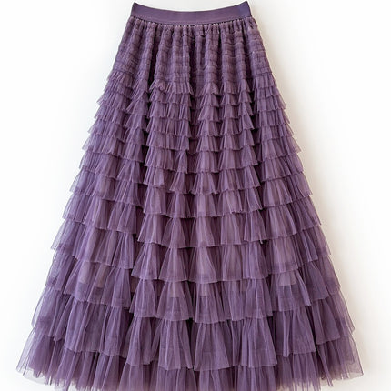 Sauze Skirt Women's Sweet Multi-Layer Cake Mesh Skirt light purple Elegant Elegant Elasticite Waist Princess A- Line Long Skirt