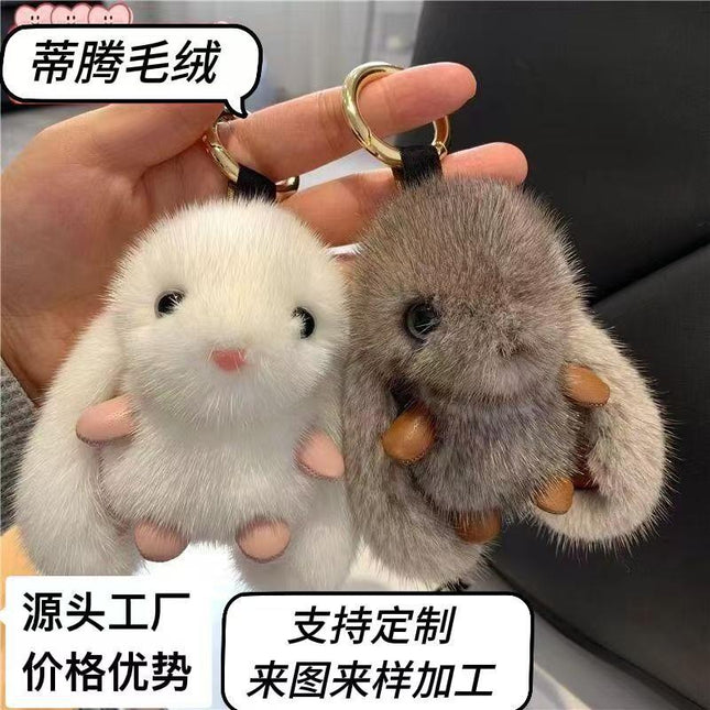 Internet-Famous Big-Eared Rabbit Faux Mink Fur Pendant Wholesale Car Keychain Bag Cute Little Rabbit Doll Car Accessory
