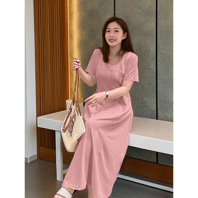 Plus Size Hepburn Style Dress Summer New Women's Pink a Version Huge Beautiful Pear-Shaped Figure Long Skirt 3533