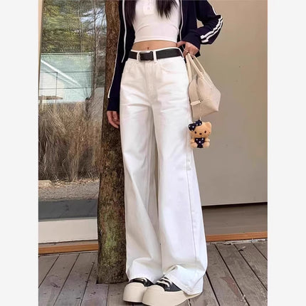White High-Waisted Straight Jeans for Women in Spring & Fall, Plus Size, Loose, Slimming Look, Pear-Shaped Figure, Floor-Length Pants