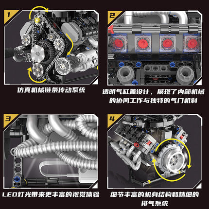 Cross-border Rambo sports car Simulation V8 Engine Engine Lighting Edition app Programmable Building Blocks Model Toy