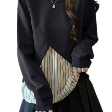 Plus-Size Women's Loose Striped Patchwork Faux Two-Piece Top for Autumn, Slimming Versatile Regular Shoulder Base Shirt