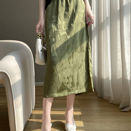Skirt 2025 Summer New Women's Clothing Dark Flower High Waist Elegant Mid-length Skirt Slimming Satin Skirt