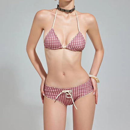 Original Manufacturer European and American Hot-Selling Retro Plaid Bikini Sexy Two-Piece Swimsuit for Women with Small Bust, Push-Up Vacation Swimwear