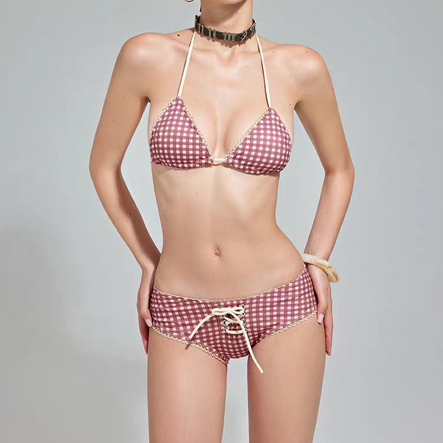 Original Manufacturer European and American Hot-Selling Retro Plaid Bikini Sexy Two-Piece Swimsuit for Women with Small Bust, Push-Up Vacation Swimwear
