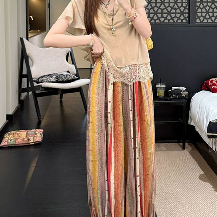 25 Summer "Rainbow Kingdom" Lazy Colorful Striped Thin Summer Wide-Leg Straight Pumpkin Women's Pants