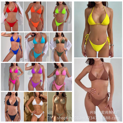 2025 Advanced Multicolor Bikini Foreign Trade Swimwear European and American in stock Solid Color Bikini Triangle Swimsuit Russia