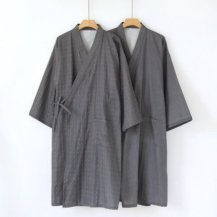 Men's Nightgown, Spring and Autumn Yarn-Dyed Gauze Pajamas, Summer Japanese-Style Kimono, Home Bathing, Steam Therapy, Cotton Bathrobe