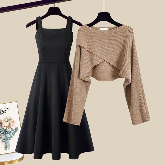 plus size women's autumn suit women's 2024 new style small casual knitted sweater suspender skirt two-piece set
