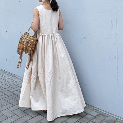 In-Stock Korean 2026 Season New Style Loose Sleeveless Dress with a Large Hem, Slimming Mid-Length Dress with Patchwork Design