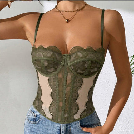 Sexy Push-Up Slim-Fit Fishbone Corset with Eyelash Lace Trim, Sheer Pure Desire Camisole Tank Top for Women to Wear Outside