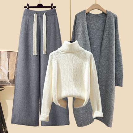 Autumn suit Women's 2024 New Korean Lazy Style Cardigan Jacket with Slim Sweater Wide Leg Pants Three-Piece Set