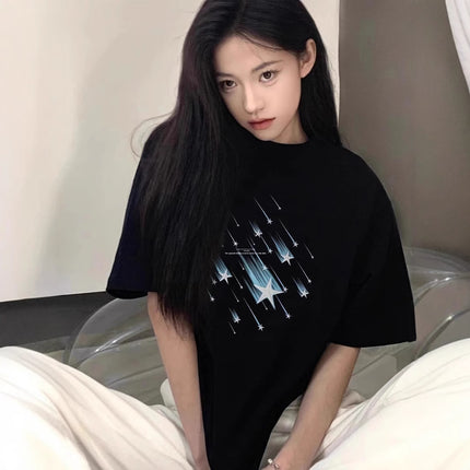 Summer Pure Cotton Short-Sleeved T-Shirt for Women 2026 Plum Blossom Print Design Niche American High Street Loose Half-Sleeved Top