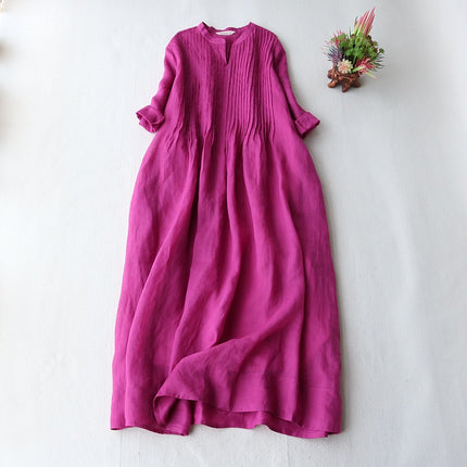 Cotton Linen dress Women's Small Vertical Collar Elegant Organ Pleated Seven-point Sleeve Loose Floating Elegant Solid Color Long Dress Summer New