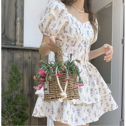 Gentle Style Square Neck Puff Sleeve Floral Dress for Women Summer 2024 New Sweet and Spicy Short Skirt Tutu Skirt