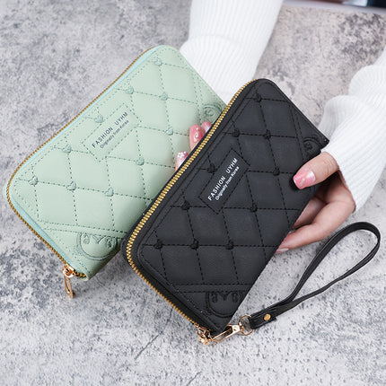 New Women's Wallet Long Single Zipper Solid Color Embroidered Hand Bag Large Capacity Coin Purse Multifunctional Mobile Phone Bag