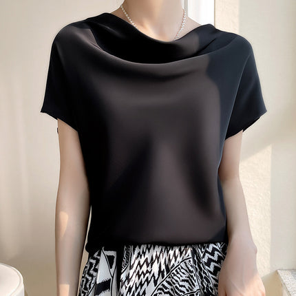 Silk Satin 2025 Spring and Summer New Short Women's French Collar Elegant T-Shirt Simple Short-Sleeved Large Size Top