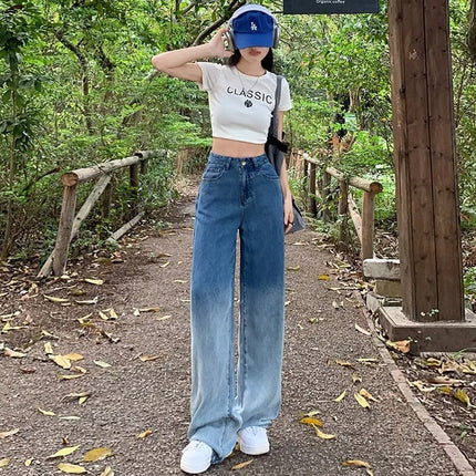 Tencel Wide Leg Jeans Women's Summer 2024 New High Waist Dape Gradient Fashion Thin Ice Silk Mop Pants