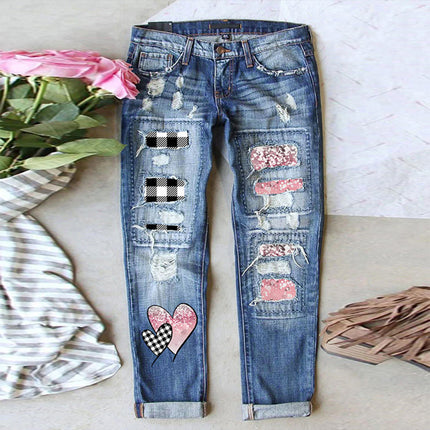 Cross-Border Amazon Hot-Selling European and American Women's Ripped Printed Patch Jeans Mid-Waist Straight Pants in Stock