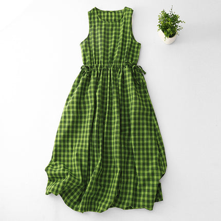 Real Shot of Cotton and Linen Green Plaid Fresh and White Sleeveless Waist Drawstring Summer Dress Literary Skirt Travel Skirt