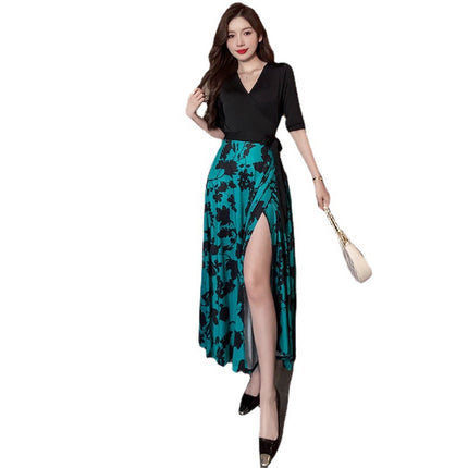 Yujie Fan High Waist Wrap Chest Stitching Wrap Dress 2023 New Floral Vintage Printed One-piece Dress for Women