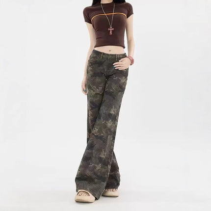 Camouflage Low-Waist Bootcut Jeans for Women 2025 Early Autumn New Loose Slimming Look Straight Leg Non-Stick Leg Flared Floor-Length Pants