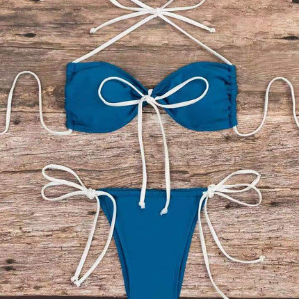 2024 New Cross-border European and American Bikini Swimsuit Lace-up Solid Color Sexy Swimsuit for Women