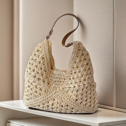 Straw Bag Women's Large-Capacity Bag New Chinese Style Color Matching Shoulder Bag Summer Seaside Vacation Bag Woven Bag Armpit Bag