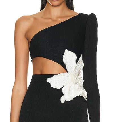 Intellectual style fashion one-shoulder dress elegant high-grade goddess fan waist flower decorative bandage dress for women