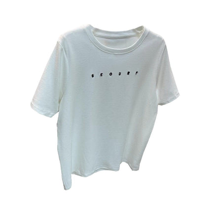Small Letter Embroidery Brushed Short-Sleeve T-Shirt for Women, Regular Shoulder, Slimming, Korean Style, Fashionable, Thickened Base Layer for Autumn and Winter