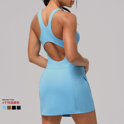 European and American Casual Tennis Skirt Dress Short Skirt Women's Quick-drying Sports Fitness Slim Yoga One-piece Badminton Suit with Pad