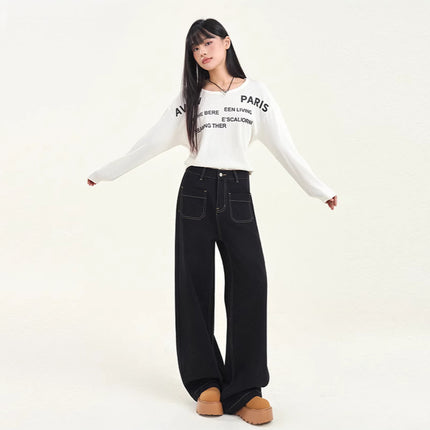 High Waist Pocket Design Loose Slim Wide Leg Pants Women's All-match Straight Tube Dipped 2025 New Spring Festival Jeans