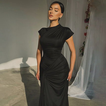 European and American Style Export New Women's Pure Color Short-Sleeved Pleated Back Lace-Up High-End Waist Slimming Sexy Dress
