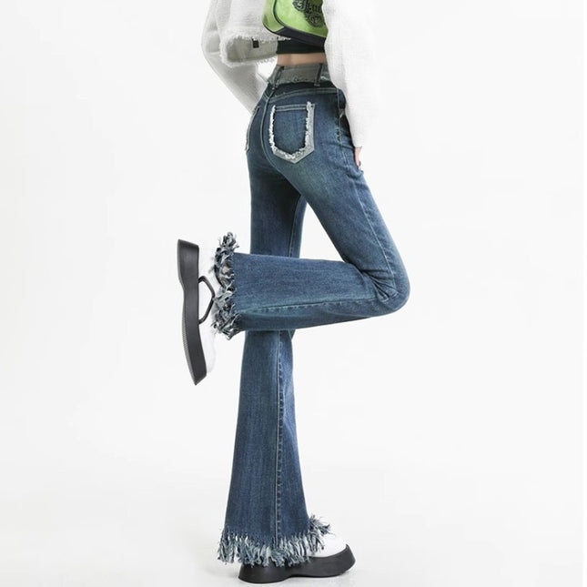 Vintage Tassel Micro-flared Jeans Women's Fashion All-match New High Waist Slimming Stretch Design Sense Trumpet Trousers