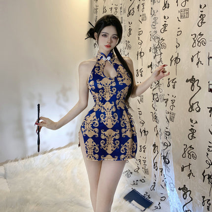 Sexy Water Drops Hollow Out Cheongsam Sling Nightgown Vintage Printed Slit Slim Slim Cheongsam Sexy Pajamas 2492