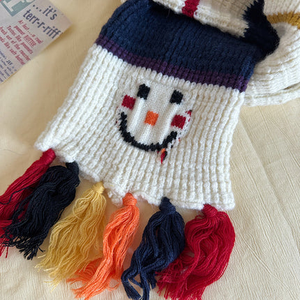 Christmas Gift ~ Smiling Snowman Scarf, Cute and Sweet Preppy Style Autumn and Winter Warm Woolen Scarf with Contrasting Colors and Versatile